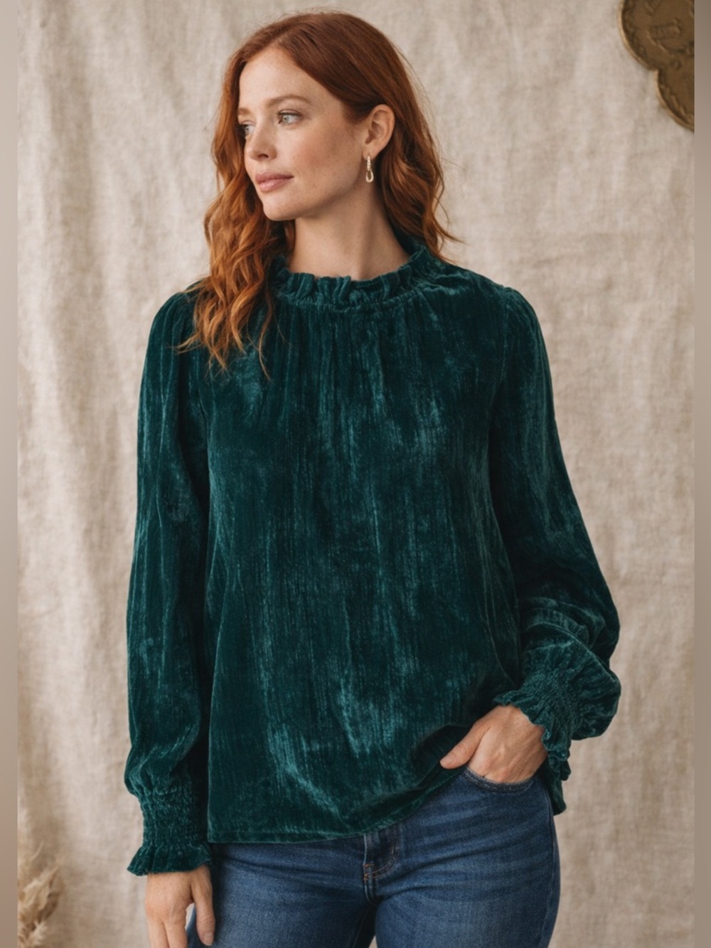 NWT Michelle McDowell Emerald Velvet Ruffle Blouse L Luxe Top Boho Romantic